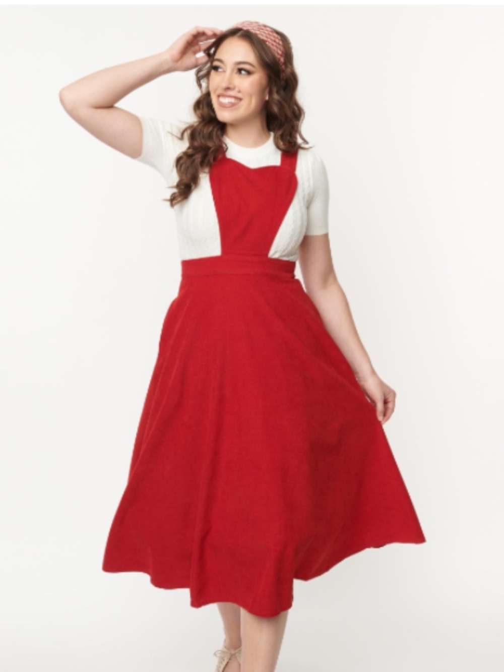 Red Corduroy Heart Pinafore Swing Dress from Unique Vintage
